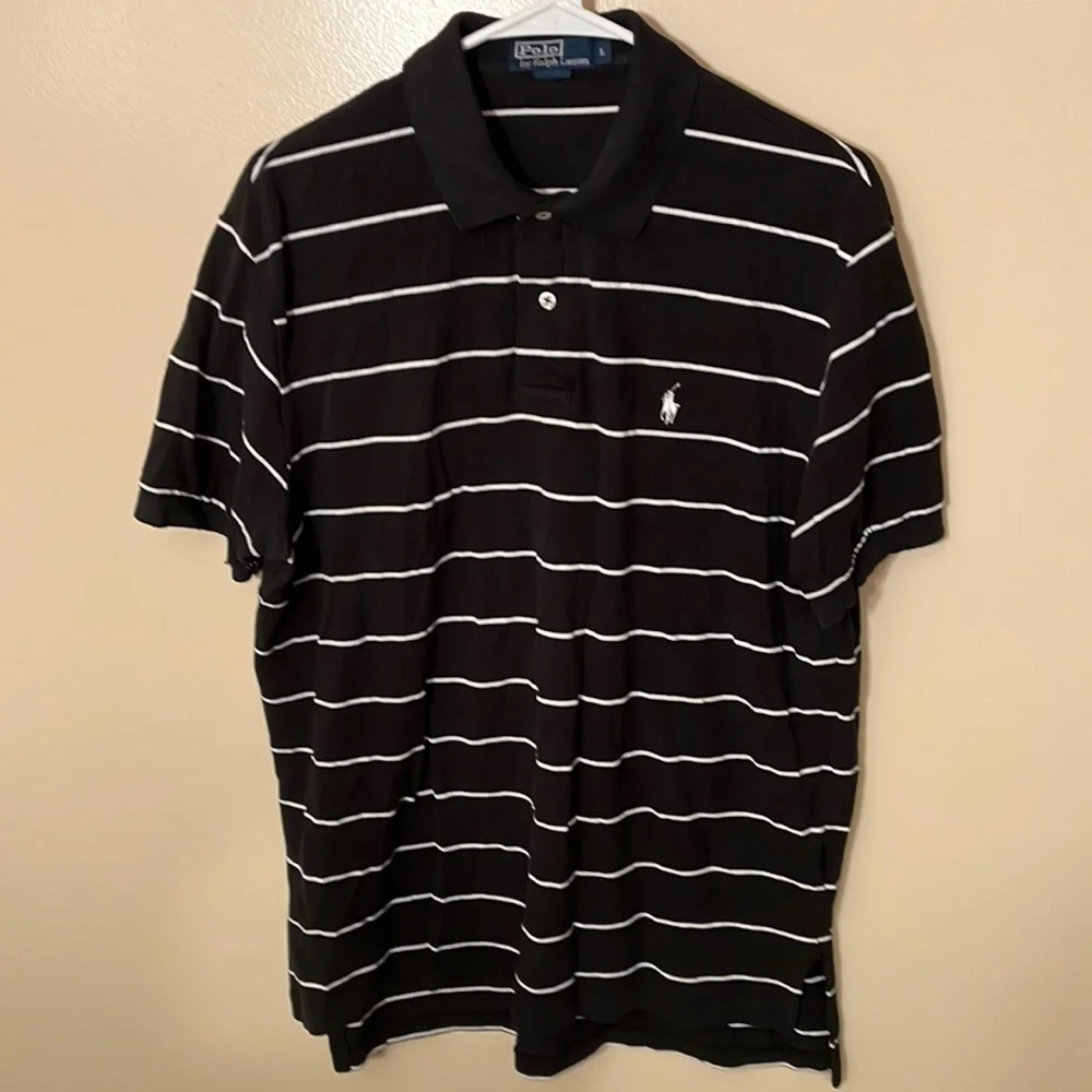 Polo Ralph Lauren Mens Black/White Striped Polo Sz L